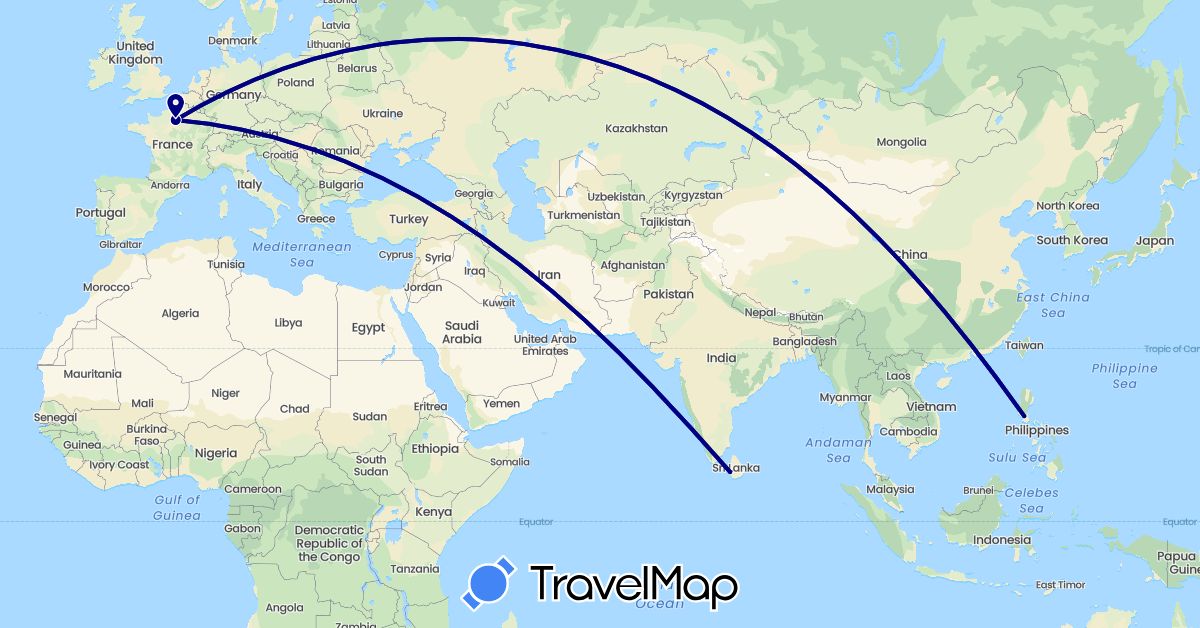 TravelMap itinerary: driving in France, Sri Lanka, Philippines (Asia, Europe)